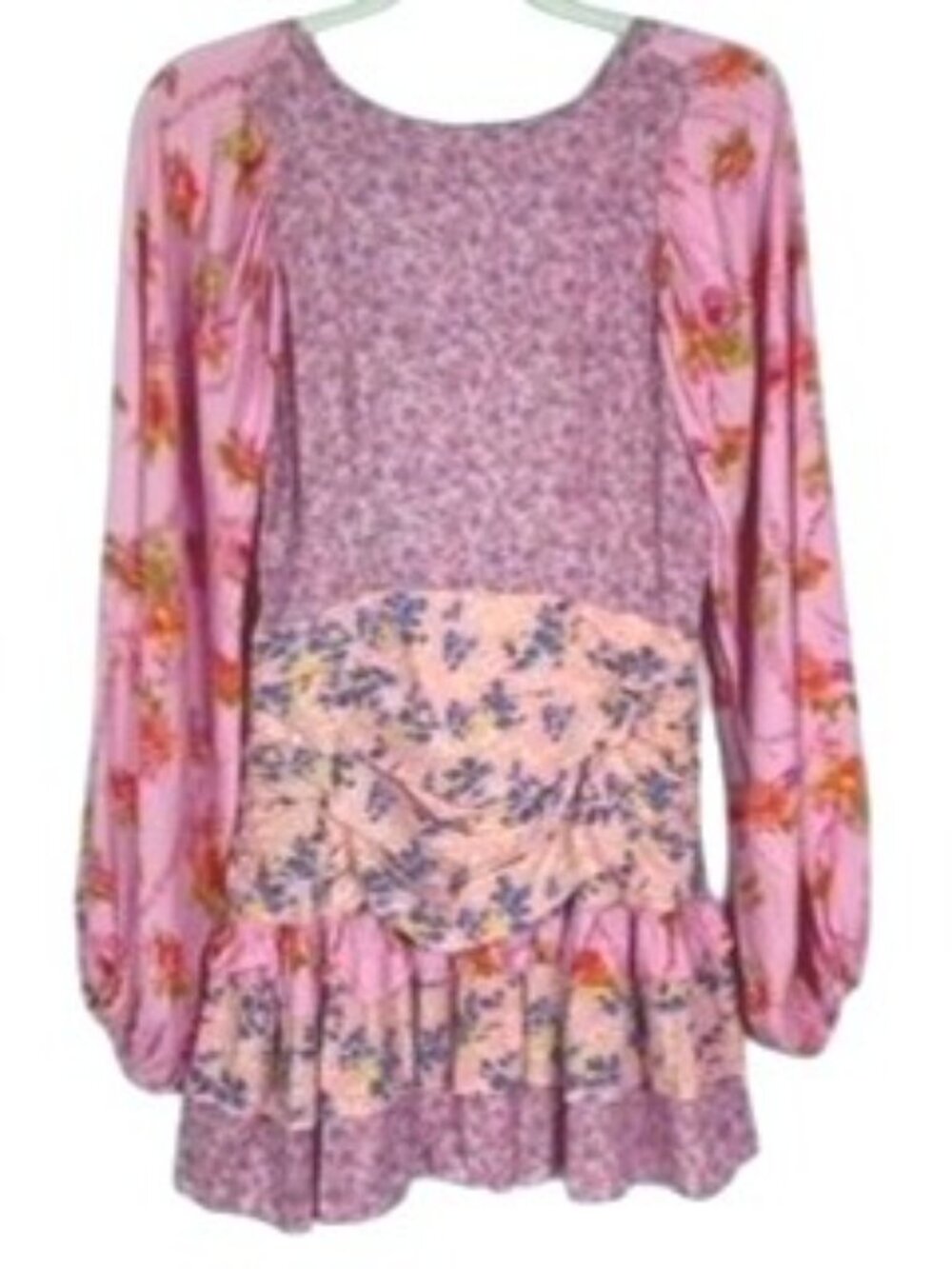 Pink Ripple Floral Ruched Mini Dress Medium Pink V Neck Ruffle Flounce Boho - Picture 5 of 16